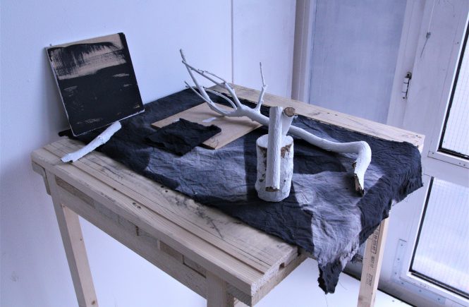 Compositie van takken, papier, hout, stof en acrylverf – Suzanne Bodde 2018 – foto S J Vermeulen